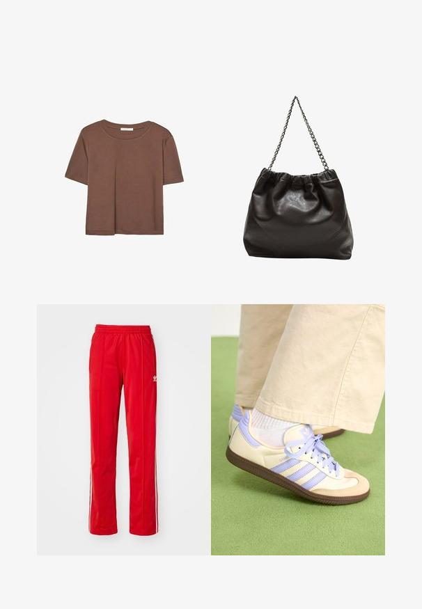 Hnedé tričko s krátkym rukávom vyrobené z jemného materiálu, s okrúhlym výstrihom a voľným strihom. Žiadne viditeľné vzory ani akcenty.; Červené športové nohavice s elastickým pásom, bočnými vreckami a bielymi postrannými pruhmi. Vyrobené z ľahkej, hladkej tkaniny. Obsahujú logo.; Krémovo-fialové tenisky so tromi pruhmi a štruktúrovanou hnedou podrážkou, s šnúrkami a polstrovaným opätkom. Mäkký textilný zvršok.; Hnedá kožená taška so zberaným vrchom a reťazovým popruhom. Hladký povrch s lesklým finišom a jemným švom po stranách.