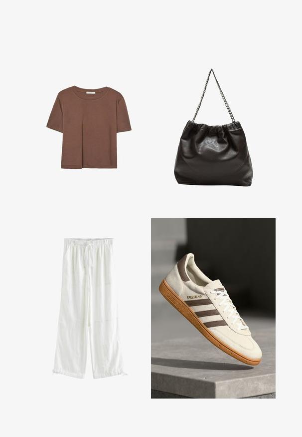 Brun kortärmad t-shirt i mjukt tyg, med rund halsringning och avslappnad passform. Inga synliga mönster eller detaljer.; Next PARACHUTE - REGULAR FIT - Tygbyxor - white; Vita mockasin i suède med bruna läderdetaljer, tre bruna ränder och vita snören. Har en strukturerad gummisula och en gyllene "SPEZIAL"-logotyp.; Brun läderväska med rynkad topp och kedjesnodd. Slät textur med en blankslipad yta och subtila sömdetaljer på sidorna.