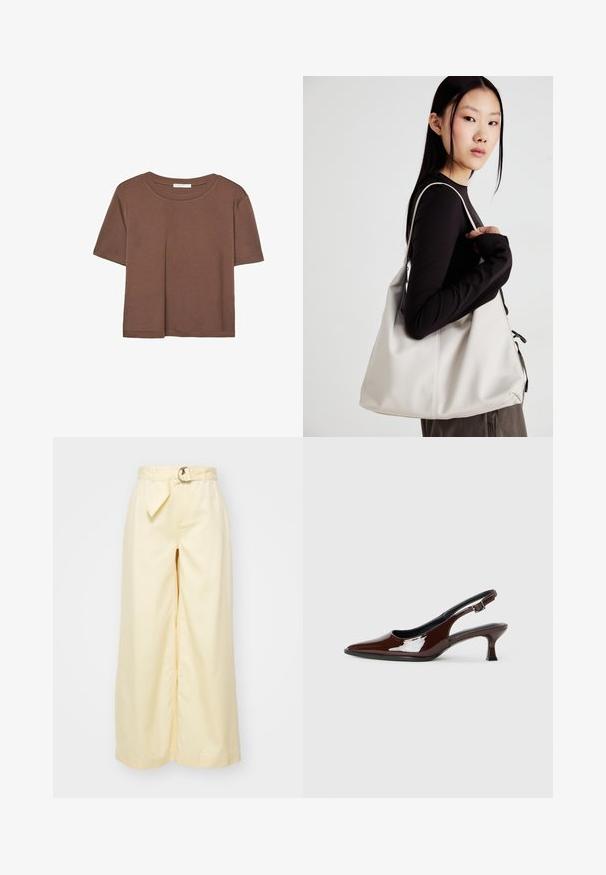 Rjava kratka majica s kratkimi rokavi iz mehkega materiala, s krožnim izrezom in ohlapnim krojem. Brez vidnih vzorcev ali dodatkov.; Svetlo rumene hlače širokega kroja z pasom, izdelane iz bombaža. Opremljene so z elegantnim sprednjim dizajnom in diskretnimi šivi.; Rjavi lakirani slingback čevelj z ostro konico in zmerno peto. Ima zaponko za varno prileganje. Gladka tekstura.; Bežna torbica iz mehkega materiala, z ohlapno zasnovo, šivi in dvema naramnicama. Primerna za vsakodnevno uporabo.