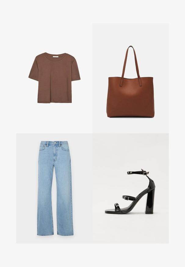 Brown short-sleeve t-shirt made of soft fabric, with a round neckline and relaxed fit. No visible patterns or accents.; Abercrombie & Fitch Curve Love High Rise 90s Relaxed Jean - Wide Leg - med/light; Black patent heeled sandals with a square toe, ankle straps, and silver buckles. Features a chunky block heel for stability.; Brown leather tote bag with a smooth texture, open top design, and two shoulder straps. Features minimal stitching and no visible hardware.