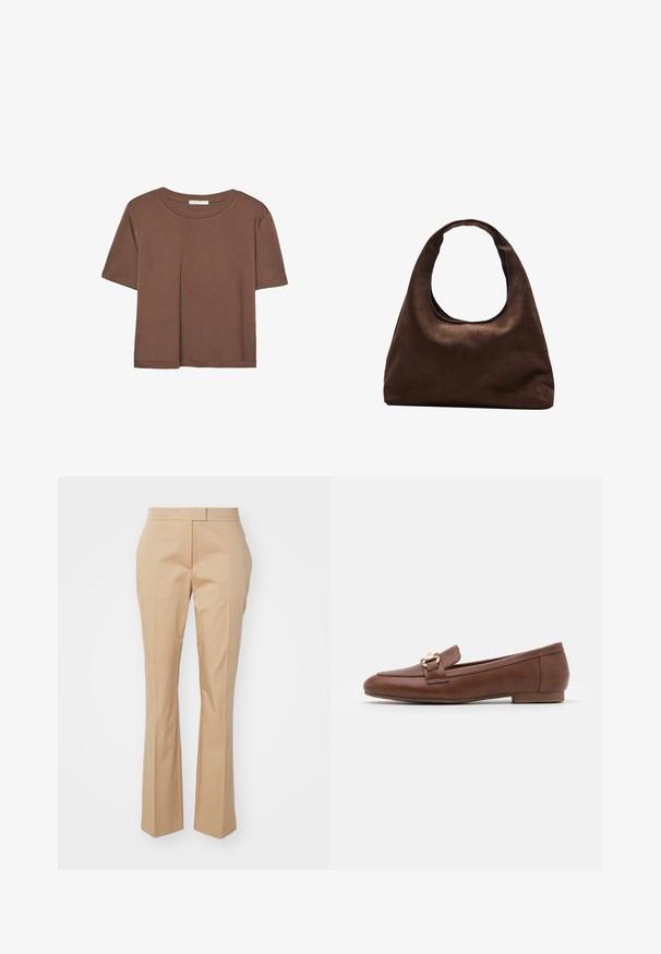 Brązowa koszulka z krótkim rękawem, wykonana z miękkiego materiału, z okrągłym dekoltem i luźnym krojem. Brak widocznych wzorów lub akcentów.; Beżowe spodnie o dopasowanym kroju z prostymi nogawkami, wykonane z gładkiego materiału, z płaskim przodem i bez widocznych kieszeni.; Brązowe skórzane mokasyny z płaską podeszwą, wyszywanym wzorem i detalem w złotym odcieniu w klamrze na pasku przez wierzch buta.; Miękka, brązowa torebka w stylu hobo z jedną szeroką rączką i wyprofilowanym otwarciem, wyeksponowana na białym tle.; Srebrne kolczyki w formie kółek, z gładką powierzchnią i rzędem małych przezroczystych kamieni wzdłuż dolnej krawędzi, z zapięciem na sztyft.