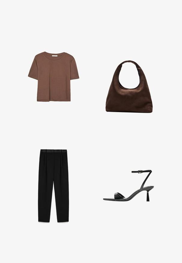 Brun kortärmad t-shirt i mjukt tyg, med rund halsringning och avslappnad passform. Inga synliga mönster eller detaljer.; Svarta byxor med en satinkant, veckad front och vida ben för en strukturerad passform. Slät tyg med minimal detaljering.; Bershka Sandaletter - black; Mjuk brun hobo-väskastil med ett brett axelband och en rundad öppning upptill, visad på en vit bakgrund.