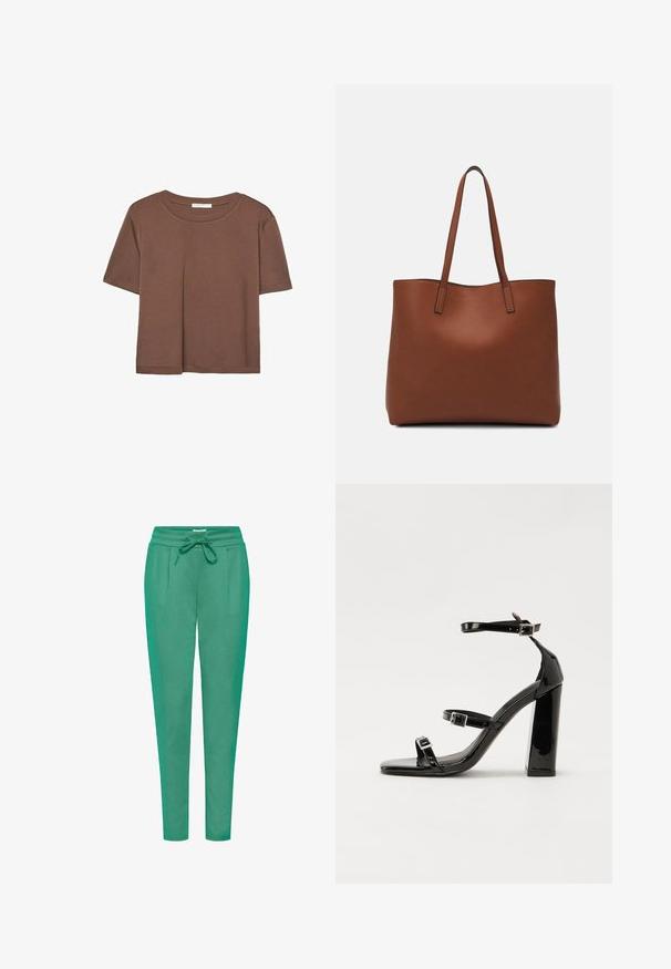 Rjava kratka majica s kratkimi rokavi iz mehkega materiala, s krožnim izrezom in ohlapnim krojem. Brez vidnih vzorcev ali dodatkov.; Zelene joggerske hlače iz mehkega blaga, z elastičnim pasom, z vrvico za še zategnitev in dvema stranskima žepoma ter ožjim krojem.; Črne lakaste sandale z visokimi petami, z dvema trakovoma z zaponkama, kvadratnim sprednjim delom in masivno širšo peto, z gladko, sijočo teksturo.; Rjava usnjena torba z gladko teksturo, odprto zasnovo zgoraj in dvema naramnima trakovoma. Opremljena je z minimalnim šivanjem in brez vidnih kovinskih delov.