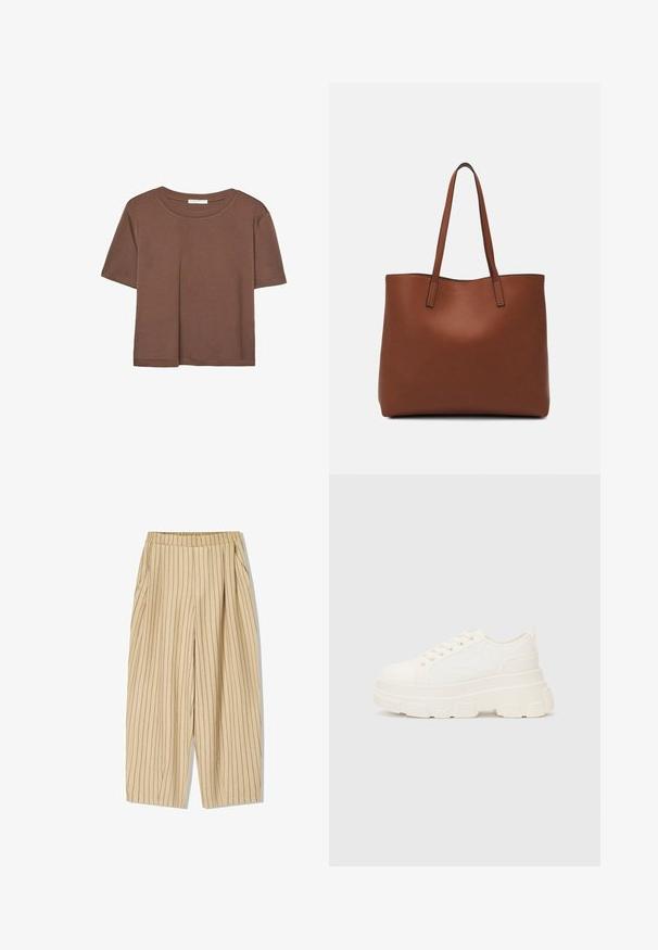 Brun kortærmet t-shirt lavet af blødt stof, med rund halsudskæring og afslappet pasform. Ingen synlige mønstre eller detaljer.; Beige stribede bukser med elastisk talje, der har to sidelommer, en løs pasform og lodrette sorte striber som detaljer.; Hvide lærreds sneakers med en kraftig sål, rund tå og fem snørehuller. Bagstrop for nem påtagning. Glat tekstur, minimalistisk design.; Brun læder tote taske med en glat overflade, åben topdesign og to skulderremme. Har minimal syning og ingen synlig hardware.