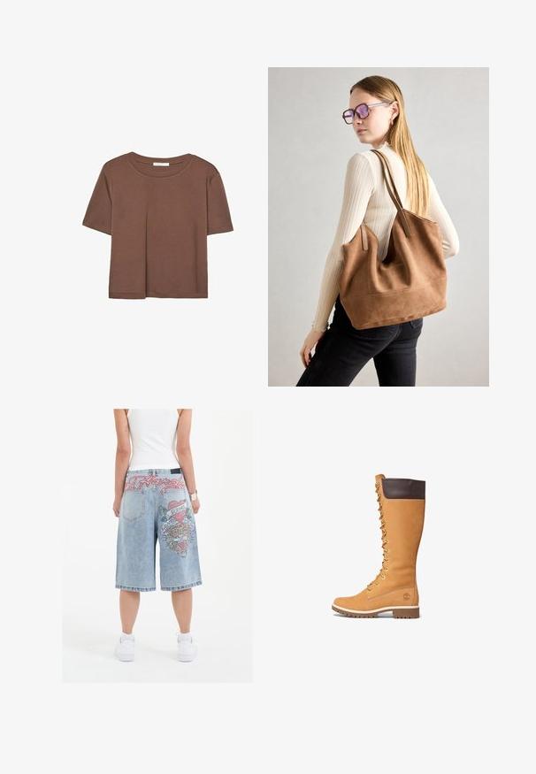 Hnědé tričko s krátkým rukávem vyrobené z měkké látky, s kulatým výstřihem a volným střihem. Bez viditelných vzorů nebo dekorací.; Světle modré džínsové šortky s volným střihem, doplněné barevnými vyšívanými grafikami tygra a textem vzadu, zakončené ohrnutými lemy.; Timberland PREMIUM - Šněrovací vysoké boty - wheat; Hnědá semišová taška přes rameno se soft-touch texturou, velkým otvorem a dlouhými popruhy. Disponuje jednoduchým designem s viditelným šitím a bez kovových prvků.