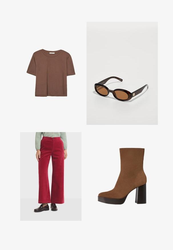 T-shirt marron à manches courtes en tissu doux, avec un col rond et une coupe décontractée. Aucun motif ni accent visible.; Pantalons en velours côtelé rouge à jambes larges avec une texture lisse, dotés d'une fermeture à bouton sur le devant et d'une taille haute. Associés à des mocassins noirs.; Botte cheville en suède marron avec un bout rond, un large talon à rayures noires et une surface lisse. Présente un design ajusté sans quincaillerie visible.; Lunettes de soleil écaille de tortue marron avec des verres ovales, dotées d'une fine monture et d'un petit accent métallique sur le côté. Fini texturé et poli.; Sac en cuir marron avec un haut froncé et une bandoulière en chaîne. Texture lisse avec une finition brillante et des coutures subtiles sur les côtés.