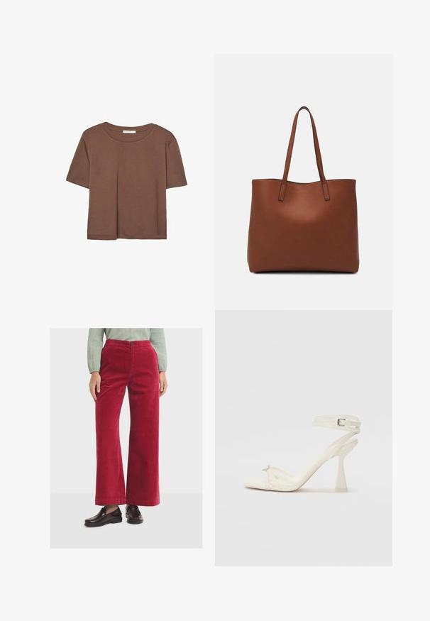 Braunes, kurzärmliges T-Shirt aus weichem Material mit rundem Halsausschnitt und lockerer Passform. Keine sichtbaren Muster oder Akzente.; Rote Cordhosen mit weitem Bein und glatter Textur, ausgestattet mit einem vorderen Knopfverschluss und hoher Taille. Kombiniert mit dunklen Slippern.; Sandaletten aus weißem Leder mit hohen Absätzen, schlankem Design, transparentem Blockabsatz und einem dekorativen Element an der Zehe.; Braune Leder-Tote mit glatter Textur, offenem Oberteil und zwei Schulterriemen. Verfügt über minimale Nähte und keine sichtbaren Beschläge.