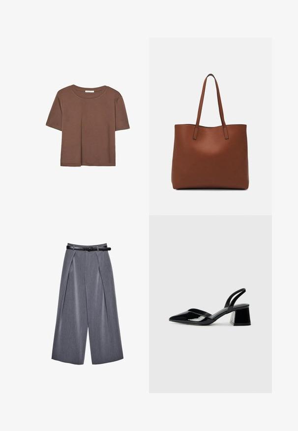 T-shirt marron à manches courtes en tissu doux, avec un col rond et une coupe décontractée. Aucun motif ni accent visible.; Pantalon gris à jambes larges avec plis avant et une ceinture noire, en tissu lisse, présenté sur un fond blanc.; Escarpins en cuir verni noir avec bout pointu et talon bloc géométrique. Présente un design élégant et minimaliste ainsi qu'une texture lisse.; Sac fourre-tout en cuir marron avec une texture lisse, design à ouverture supérieure et deux poignées pour le porter à l'épaule. Présente des coutures minimales et aucun matériel visible.