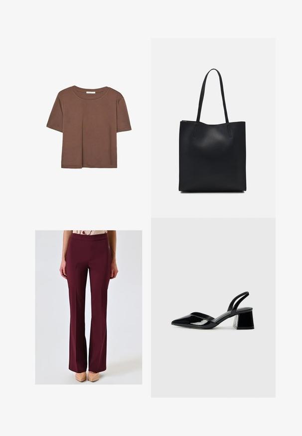 Braunes, kurzärmliges T-Shirt aus weichem Material mit rundem Halsausschnitt und lockerer Passform. Keine sichtbaren Muster oder Akzente.; Burgunderfarbene, maßgeschneiderte Hose mit einem ausgestellten Bein. Aus einem glatten, elastischen Stoff gefertigt. Verfügt über einen hohen Bund für einen bequemen Sitz.; Schwarze Lackleder-Slingback-High Heels mit spitzem Schuh und einem geometrischen Blockabsatz. Verfügt über ein schlankes, minimalistisches Design und eine glatte Textur.; Schwarze Laptoptasche aus Leder mit glatter Textur, rechteckiger Form und zwei langen Griffen. Keine sichtbaren Beschläge oder Verzierungen.