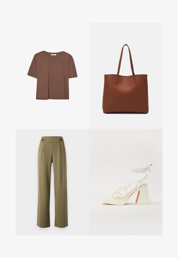 Smeđi kratki rukav majica od mekog materijala, s okruglim izrezom i opuštenim krojem. Nema vidljivih uzoraka ili naglasaka.; Maslinasto zelene hlače širokih nogavica visokog struka, s dva crna gumba na pojasu i prednjim plisama. Glatka tekstura tkanine.; Bijela sandala na visokoj potpetici s debelim petom, s remenom i vezanjem oko gležnja. Glatka tekstura s platformom sprijeda za dodatnu visinu.; Smeđa kožna torba preko ramena s glatkom teksturom, otvorenim vrhom i dvjema naramenicama. Ima minimalne šavove i nema vidljivog hardvera.