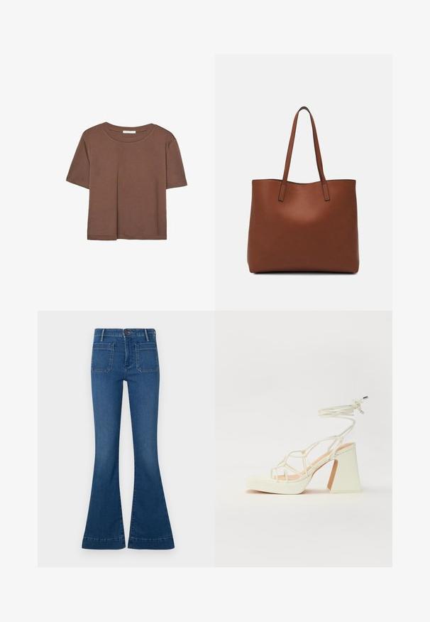 Smeđi kratki rukav majica od mekog materijala, s okruglim izrezom i opuštenim krojem. Nema vidljivih uzoraka ili naglasaka.; Plave široke traperice napravljene od denima, s srednjim strukom, dva stražnja džepa i prošivenim rubom. Glatka tekstura s blago izblijedjelim izgledom.; Bijela sandala na visokoj potpetici s debelim petom, s remenom i vezanjem oko gležnja. Glatka tekstura s platformom sprijeda za dodatnu visinu.; Smeđa kožna torba preko ramena s glatkom teksturom, otvorenim vrhom i dvjema naramenicama. Ima minimalne šavove i nema vidljivog hardvera.