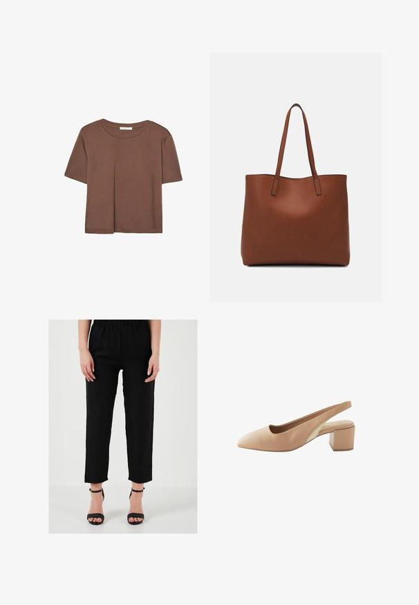 Kahvinsävyinen lyhythihainen t-paita, joka on valmistettu pehmeästä kankaasta. Pyöreä pääntie ja rento malli. Ei näkyviä kuvioita tai koristeita.; Mustat pellavahousut, joissa on joustava vyötärö, suora leikkaus ja nilkkapituiset, yhdistetty mustiin hihnallisiin korkokenkiin.; Nudeta nahkainen slingback-kengä, jossa on teräväkärkinen muotoilu, matala paksu korko ja kontrastivärinen beige sivupaneeli. Pellava pinta, minimalistinen muotoilu.; Ruskea nahkainen olkalaukku, jossa on sileä pinta, avoin yläosa ja kaksi olkahihnaa. Omaavat vain minimaalisen ompelun eikä näkyvää metalliosaa.