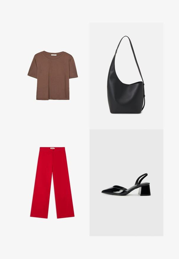 Smeđi kratki rukav majica od mekog materijala, s okruglim izrezom i opuštenim krojem. Nema vidljivih uzoraka ili naglasaka.; Crvene široke hlače s glatkom teksturom, koje imaju bočne džepove i kopčanje na pojasu. Napravljene su od laganog materijala.; Crne lakirane kožne sandale s otvorenom petom i špicastim vrhom, s geometrijskom blok petom. Imaju elegantan, minimalistički dizajn i glatku teksturu.; Crna kožna hobo torba s glatkom teksturom, zakrivljenim oblikom i jednom podesivom trakicom; ima širok otvor na vrhu.