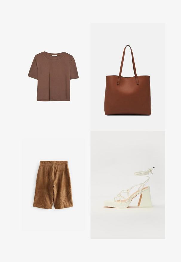 Brown short-sleeve t-shirt made of soft fabric, with a round neckline and relaxed fit. No visible patterns or accents.; Brown suede shorts with a relaxed fit, featuring subtle seam details and a mid-rise waistband. Smooth texture with no visible hardware.; White high-heeled sandal with a chunky heel, featuring a strappy design and ankle tie. Smooth texture with a platform front for added height.; Brown leather tote bag with a smooth texture, open top design, and two shoulder straps. Features minimal stitching and no visible hardware.