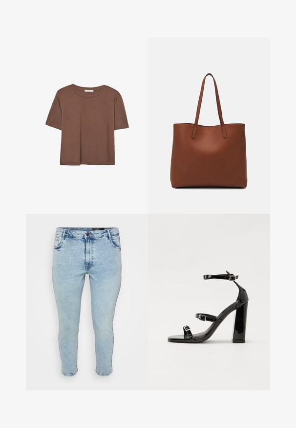 Kahvinsävyinen lyhythihainen t-paita, joka on valmistettu pehmeästä kankaasta. Pyöreä pääntie ja rento malli. Ei näkyviä kuvioita tai koristeita.; Vaaleansiniset farkut, joissa on haalistunut pesu, kapea malli, viisi taskua ja klassinen napitus. Hienovaraiset ompelusaumat ja helman yksityiskohdat.; Musta kiiltävä korkokenkä sandaalit neliönmuotoisella varpaalla, nilkkaremmillä ja hopeisilla soljilla. Varustettu tukevalla lohkokorkealla vakauden takaamiseksi.; Ruskea nahkainen olkalaukku, jossa on sileä pinta, avoin yläosa ja kaksi olkahihnaa. Omaavat vain minimaalisen ompelun eikä näkyvää metalliosaa.