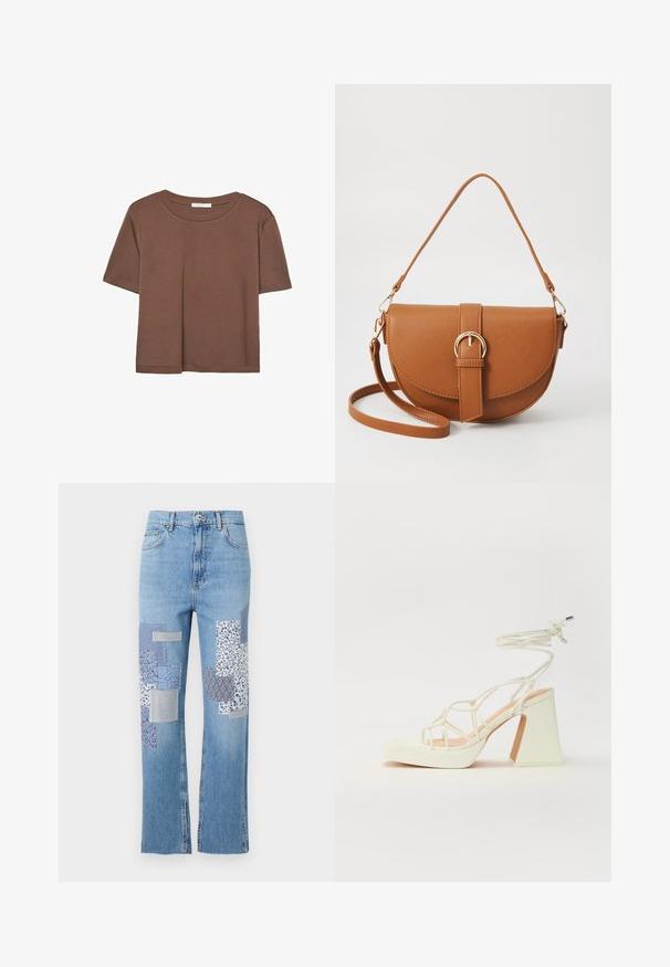 Rjava kratka majica s kratkimi rokavi iz mehkega materiala, s krožnim izrezom in ohlapnim krojem. Brez vidnih vzorcev ali dodatkov.; Svijetloplave traperice širokog kroja, s raznim šarenim tkaninama u plavim i bijelim tonovima na prednjem dijelu.; Bela sandala na visokih petah s debelim petam, ki ima obliko trakcev in vezanje okoli gležnja. Gladka tekstura z platformo spredaj za dodatno višino.; Rjava usnjena torbica prek telesa s ukrivljeno obliko, zlate opreme in sponko. Ima odstranljiv naramni trak.