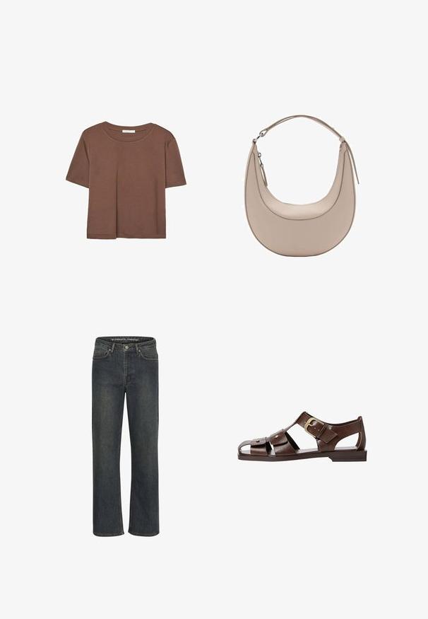 Rjava kratka majica s kratkimi rokavi iz mehkega materiala, s krožnim izrezom in ohlapnim krojem. Brez vidnih vzorcev ali dodatkov.; Temno modri traper hlače ravne kroja, izdelane iz denim materiala, z zmerno visokim pasom, obliko petih žepov in diskretnim šivanjem ob šivih.; Rjave usnjene sandale z izrezljanim dizajnom, nastavljivim stranskim sponko in ravnim podplatom, dekorirane z kovinskimi detajli in odprtim prstom.; Bež usnjena torba za rame v obliki kružnice, z gladko teksturo in eno ukrivljeno zanko. Ima zadrgo in urejen šiv.