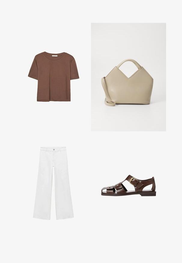 Korte mouwen T-shirt in bruin, gemaakt van een zachte stof, met een ronde halslijn en een relaxte pasvorm. Geen zichtbare patronen of accenten.; Witte, wijde jeans met een knoopsluiting en vijf zakken, vervaardigd uit denim met een soepele textuur, met een klassiek ontwerp.; Bruine leren sandaal met een uitgesneden ontwerp, verstelbare zijkliks en platte zool, met metalen accenten en open teen.; Beige gestructureerde handtas met een V-vormige bovenkant, van glad leder, korte handvatten en een lange verstelbare schouderriem. Minimalistisch ontwerp.
