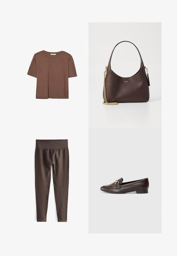 Braunes, kurzärmliges T-Shirt aus weichem Material mit rundem Halsausschnitt und lockerer Passform. Keine sichtbaren Muster oder Akzente.; Braune gerippte Leggings mit einem breiten, elastischen Taillenbund. Der Stoff ist glatt und dehnbar und sorgt für einen engen Sitz an den Beinen.; Braune Lederloafers mit flachem Absatz, ausgestattet mit einem dekorativen Riemen und goldfarbener Hardware. Glatte Textur mit klassischer Silhouette.; COACH BROOKLYN SHOULDER BAG 23 - Handtasche - maple