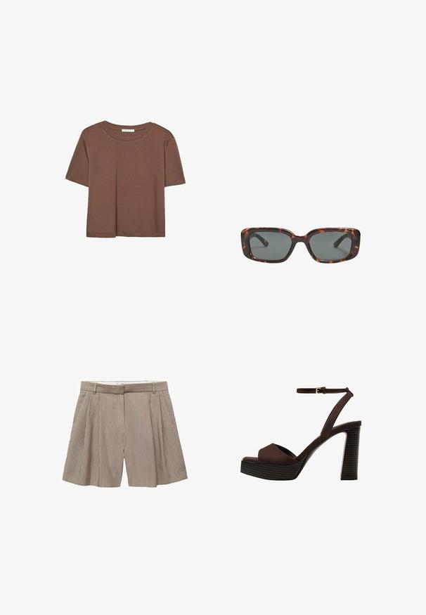 Braunes, kurzärmliges T-Shirt aus weichem Material mit rundem Halsausschnitt und lockerer Passform. Keine sichtbaren Muster oder Akzente.; Beige, gefaltete Shorts aus Stoff mit senkrechten Streifen. Verfügt über einen Bund mit Gürtelschlaufen und einen geraden Schnitt.; Braune Wildleder-Pumps mit offenem Zeh, verstellbarem Knöchelriemen und gestreiftem Plateausohlen.; Sonnenbrille im Schildpatt-Design mit rechteckigen Gläsern, dicken Rahmen und dunkelgetönten Gläsern. Glatte Textur und minimalistisches Design.