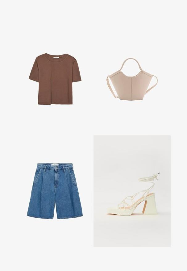 Hnědé tričko s krátkým rukávem vyrobené z měkké látky, s kulatým výstřihem a volným střihem. Bez viditelných vzorů nebo dekorací.; Modré džínové kraťasy s vysokým pasem, širokým střihem a sklady vpředu. Obsahují zapínání na knoflík a dvě boční kapsy. Hladká textura.; Bílé sandály na vysokém podpatku s robustním podpatkem, s designem s pásky a zavazováním kolem kotníku. Hladký povrch s platformou vpředu pro zvýšení výšky.; Beige kožená kabelka s jedinečným tvarem, vybavená dvěma krátkými uchy a dlouhým nastavitelným popruhem. Hladká textura s minimem kovových doplňků.