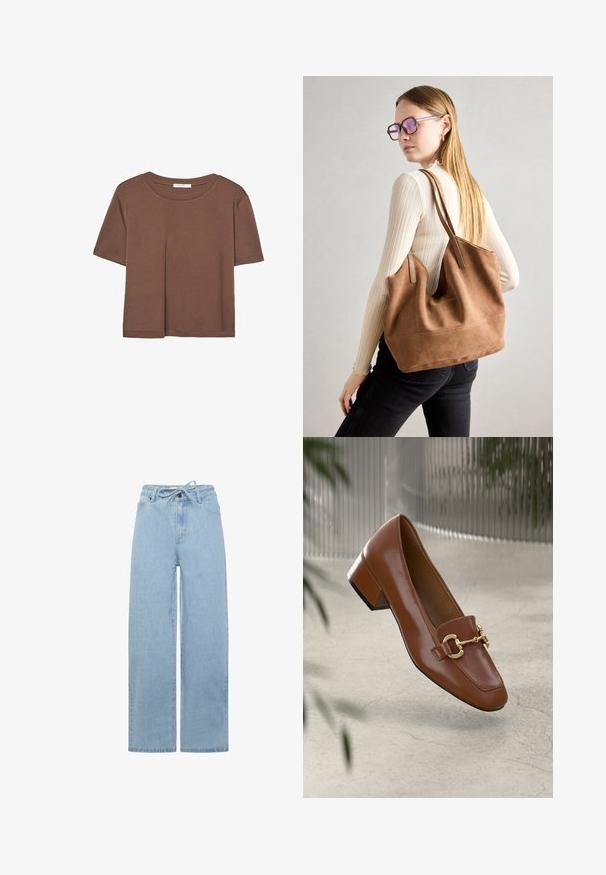 Rjava kratka majica s kratkimi rokavi iz mehkega materiala, s krožnim izrezom in ohlapnim krojem. Brez vidnih vzorcev ali dodatkov.; Svijetloplave široke traperice od denima, s elastičnim pojasom i standardnim dizajnom s pet džepova. Tkanina ima glatku teksturu.; Rjavi lakirani loafer z kvadratnim nosom, kovinsko verigo kot okrasom in nizko blok podplatom; gladka tekstura, minimalističen dizajn.; Rjava semišna torba z mehko teksturo, velikim odprtjem in dolgimi ročaji. Ima preprost dizajn z vidnim šivanjem in brez okovja.
