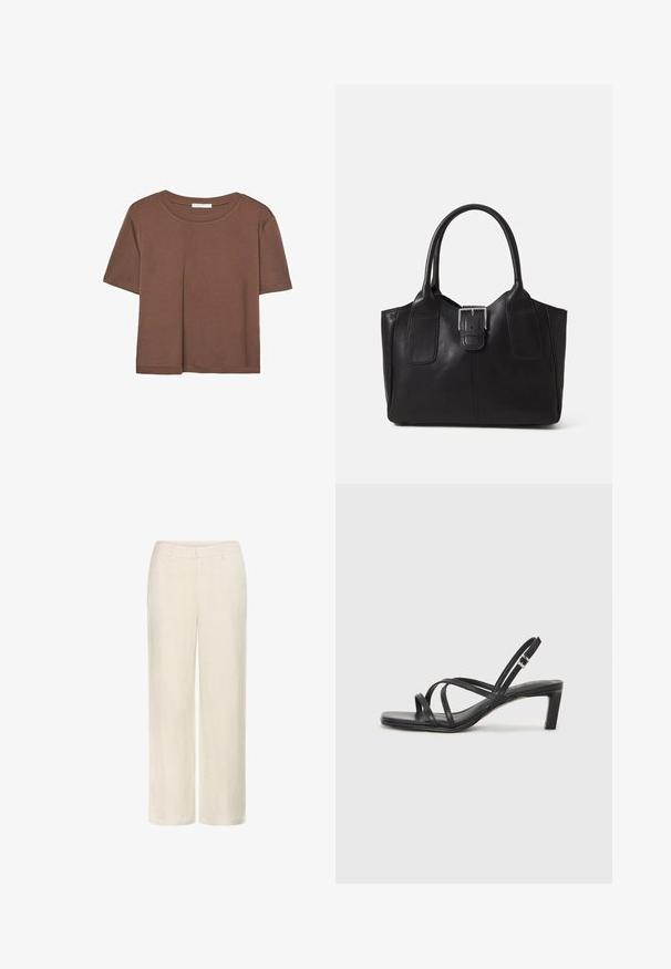 Brown short-sleeve t-shirt made of soft fabric, with a round neckline and relaxed fit. No visible patterns or accents.; Linen trousers in off-white, featuring a straight leg design, side pockets, and a smooth texture with a subtle weave pattern.; Black strappy sandal with a square toe and a low block heel. Features multiple thin straps and an adjustable ankle strap. Made of smooth leather.; Black leather tote bag with smooth texture, structured shape, two handles, and a prominent silver buckle detail on the front.
