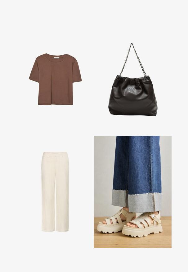 Kahvinsävyinen lyhythihainen t-paita, joka on valmistettu pehmeästä kankaasta. Pyöreä pääntie ja rento malli. Ei näkyviä kuvioita tai koristeita.; Liinapantalonit vaaleassa valkoisessa, suoralla lahkeella, sivutaskuilla ja sileällä pinnalla, jossa on hienovarainen kudontamalli.; Beige platform-sandaalit paksuilla pohjilla, joissa on hihnallinen muotoilu ja säädettävät nilkkahihnat. Yhdistettyinä leveälahkeisiin farkkuihin, joiden yksi helma on revitty.; Ruskea nahkainen laukku, jossa on kerätty yläosa ja ketjuhihna. Tasainen pinta, jossa kiiltävä viimeistely ja hienovaraiset sauman yksityiskohdat sivuilla.