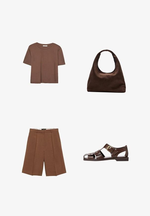 Brun kortärmad t-shirt i mjukt tyg, med rund halsringning och avslappnad passform. Inga synliga mönster eller detaljer.; Bruna skräddarsydda shorts i mjukt tyg med hög midja, slät front, två sidofickor och en lös, vid bendesign.; Bruna lädersandaler med utskärning, justerbar sidspänne och platt sula, samt metallaccenter och öppen tå.; Mjuk brun hobo-väskastil med ett brett axelband och en rundad öppning upptill, visad på en vit bakgrund.