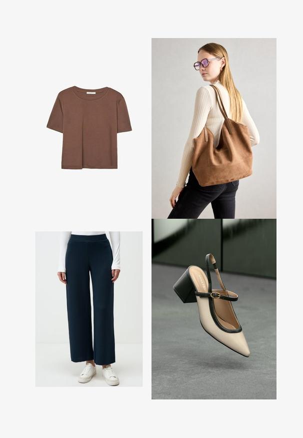 Braunes, kurzärmliges T-Shirt aus weichem Material mit rundem Halsausschnitt und lockerer Passform. Keine sichtbaren Muster oder Akzente.; Marinefarbene weit geschnittene Hosen aus geripptem Stoff, mit einem hohen Bund und lockerem Sitz, kombiniert mit weißen Sneakers.; Beige Slingback-Schuh mit spitzer Zehenpartie, schwarzer Umrandung, goldener Schnalle und dicker Blockabsatz auf grauem Boden vor dunklem grünen Hintergrund.; Braune Wildleder-Tasche mit weicher Textur, großer Öffnung und langen Trägern. Sie verfügt über ein simples Design mit sichtbarem Stich und ohne Beschläge.