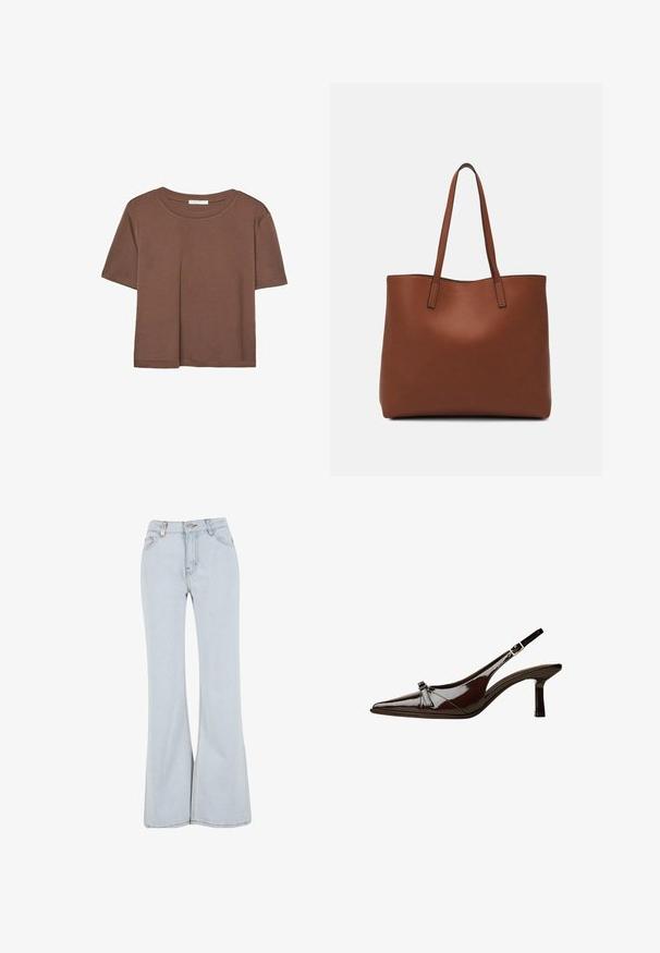 Kahvinsävyinen lyhythihainen t-paita, joka on valmistettu pehmeästä kankaasta. Pyöreä pääntie ja rento malli. Ei näkyviä kuvioita tai koristeita.; Vaaleansiniset leveälahkeiset farkut, joissa on korkea vyötärö, viisi taskua ja kontrastivärisiä saumoja.; Ruske patenttimuoviset slingback-kengät, joissa on terävä kärki, matala korko ja koristeellinen kaarroke etuosassa. Sileä, kiiltävä pinta.; Ruskea nahkainen olkalaukku, jossa on sileä pinta, avoin yläosa ja kaksi olkahihnaa. Omaavat vain minimaalisen ompelun eikä näkyvää metalliosaa.