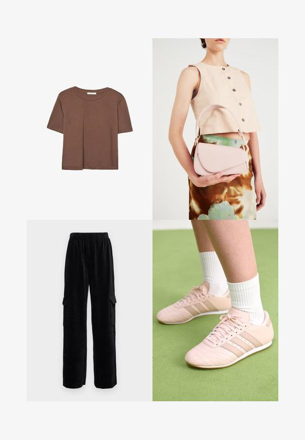 Hnedé tričko s krátkym rukávom vyrobené z jemného materiálu, s okrúhlym výstrihom a voľným strihom. Žiadne viditeľné vzory ani akcenty.; Čierne kordurové cargo nohavice so širokým strihom, obsahujúce elastický pás a dve bočné vrecká. Vertikálne pruhované textúra po celej ploche.; Svetloružové športové topánky s diagonálnym šitím, bielymi podrážkami a tromi bočnými pruhmi. Nosené s rebrovanými bielymi ponožkami na zelenej ploche.; Ružová kožená kabelka s zakriveným klapkovým uzáverom, jedným ramenným popruhom a čistými líniami. Kabelka má hladkú textúru a minimalistický dizajn.