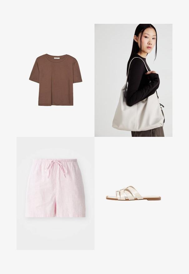 Rjava kratka majica s kratkimi rokavi iz mehkega materiala, s krožnim izrezom in ohlapnim krojem. Brez vidnih vzorcev ali dodatkov.; Roza lanena kratka hlače z elastičnim pasom in vrvico, s sproščenim krojem in gladko teksturo. Brez žepov ali vidnih zaponk.; Ravne sandale s svetlo rjavim gumijastim podplatom, zasnovane s tremi prekrivajočimi se belimi usnjenimi trakovi in majhnim lokom na sredini.; Bežna torbica iz mehkega materiala, z ohlapno zasnovo, šivi in dvema naramnicama. Primerna za vsakodnevno uporabo.