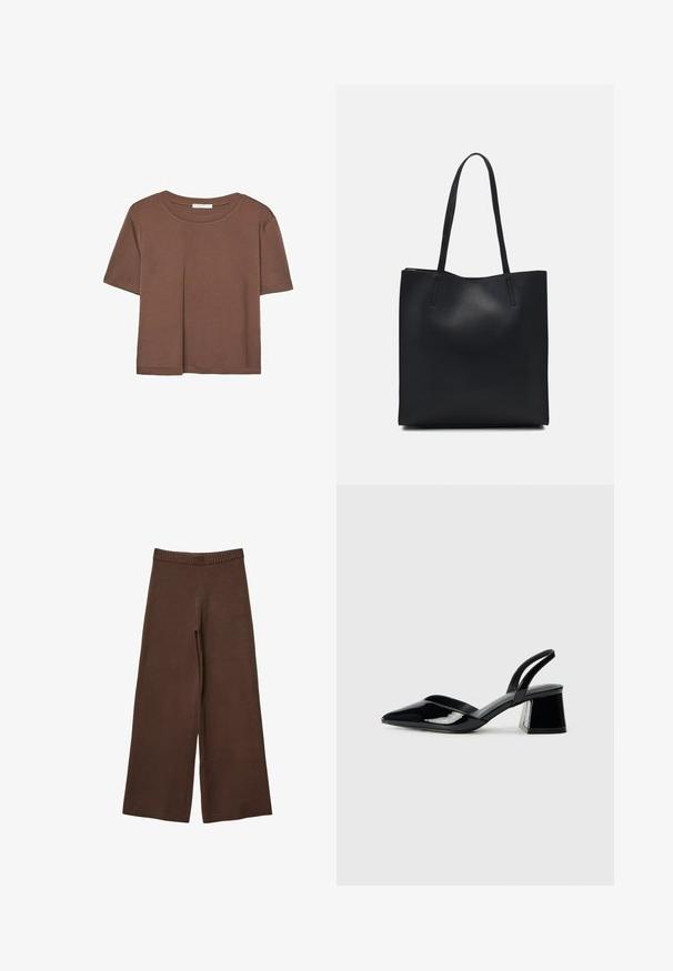 Hnedé tričko s krátkym rukávom vyrobené z jemného materiálu, s okrúhlym výstrihom a voľným strihom. Žiadne viditeľné vzory ani akcenty.; Hnedé široké nohavice vyrobené z mäkkého materiálu, s rebrovaným elastickým pásom a bez viditeľných uzáverov alebo vreciek.; Čierne lakované kožené sandálové podpätky s špicatou špičkou a geometrickým blokovým podpätkom. Disponujú elegantným, minimalistickým dizajnom a hladkým povrchom.; Čierna kožená taška na rameno s hladkým povrchom, obdĺžnikovým tvarom a dvoma dlhými uchami. Bez viditeľného kovania alebo ozdôb.