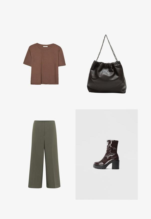 Maglietta a maniche corte marrone realizzata in tessuto morbido, con scollatura rotonda e vestibilità rilassata. Nessun motivo o dettaglio visibile.; Pantaloni a gamba larga realizzati in tessuto verde oliva liscio, con una vita piatta e senza tasche visibili, caratterizzati da una vestibilità strutturata e linee pulite.; Stivale alla caviglia bordeaux lucido con un tacco spesso nero, caratterizzato da una superficie liscia e un design semplice. Nessuna chiusura visibile o motivo.; Borsa in pelle marrone con parte superiore arricciata e tracolla a catena. Texture liscia con finitura lucida e dettagli di cucitura sottili sui lati.