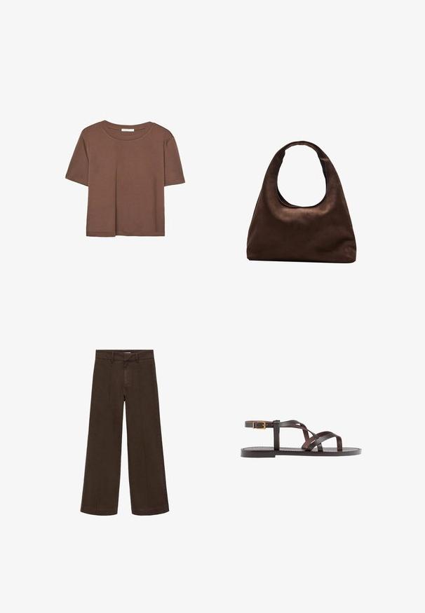 Hnědé tričko s krátkým rukávem vyrobené z měkké látky, s kulatým výstřihem a volným střihem. Bez viditelných vzorů nebo dekorací.; Hnědé široké kalhoty vyrobené z bavlněné tkaniny. Mají vysoký pas, zip a jemné detaily na předním švu. Bez viditelných kapes.; Hnědé kožené sandály s kříženými pásky, uzavřením na přezku u kotníku a plochou podrážkou s minimem švů.; Měkká hnědá kabelka ve stylu hobo s jedním širokým popruhem a zakřiveným horním otvorem, vystavená na bílém pozadí.