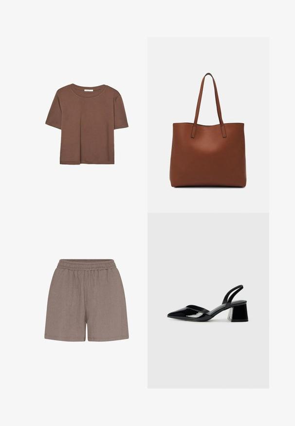 Maglietta a maniche corte marrone realizzata in tessuto morbido, con scollatura rotonda e vestibilità rilassata. Nessun motivo o dettaglio visibile.; Shorts marroni con texture e vita elastica. Presentano una vestibilità comoda e una costruzione semplice, adatti per un abbigliamento casual.; Décolleté in vernice nera con punta affusolata e tacco in geometria cubica. Presentano un design elegante e minimalista, con una texture liscia.; Borsa tote in pelle marrone con texture liscia, design con apertura superiore e due spallacci. Presenta cuciture minime e nessun hardware visibile.