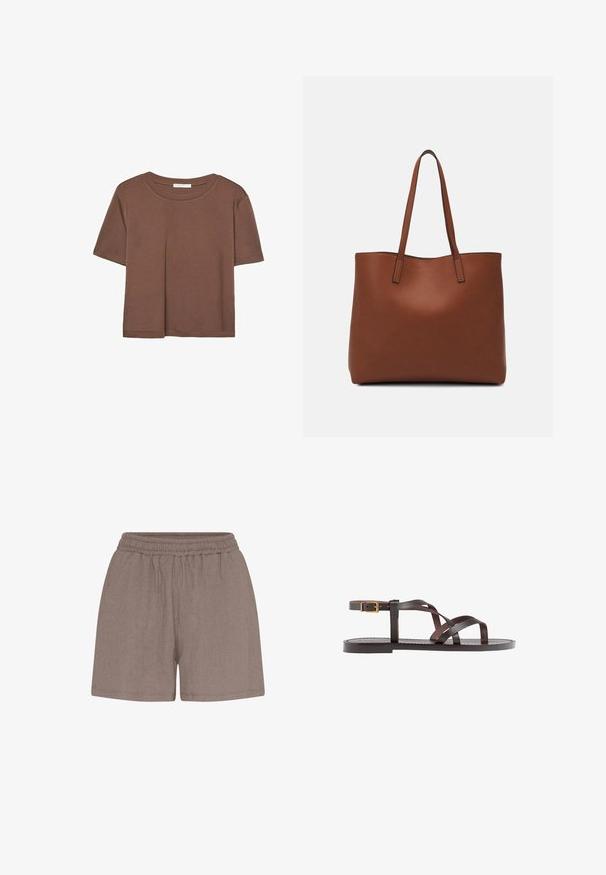 Korte mouwen T-shirt in bruin, gemaakt van een zachte stof, met een ronde halslijn en een relaxte pasvorm. Geen zichtbare patronen of accenten.; Bruine, gestructureerde shorts met een elastische tailleband. Heeft een relaxed fit en een eenvoudige uitvoering, geschikt voor casual wear.; Bruine leren sandaal met kruisingen van banden, een enkelgesp-sluiting en een platte zool met minimale stikdetails.; Bruine leren tote bag met een gladde textuur, een ontwerp met een open bovenkant en twee schouderbanden. Kenmerkt zich door minimale stiksels en geen zichtbare hardware.