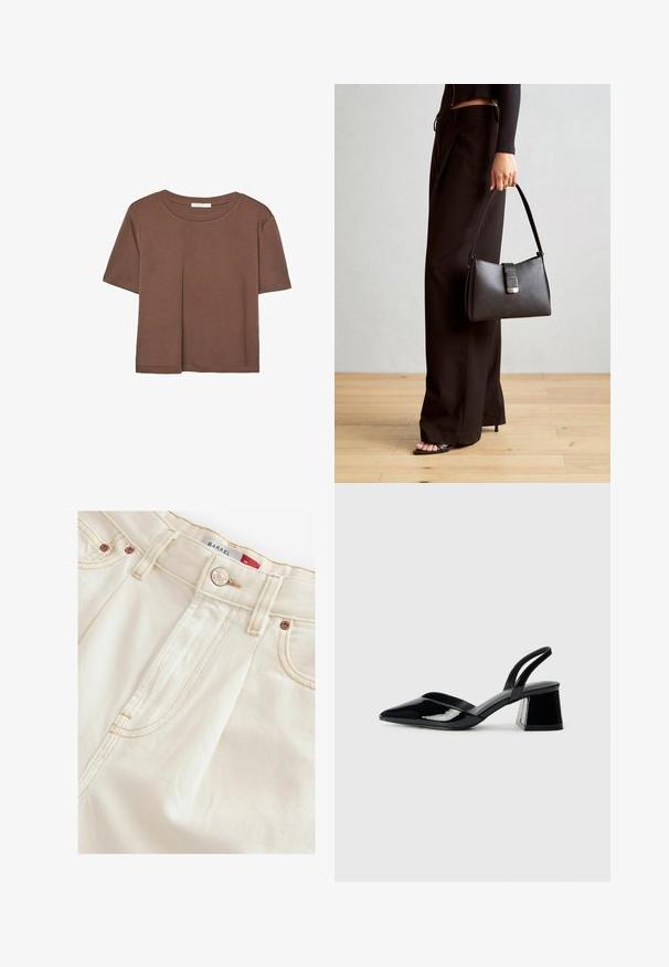Hnědé tričko s krátkým rukávem vyrobené z měkké látky, s kulatým výstřihem a volným střihem. Bez viditelných vzorů nebo dekorací.; Krémové kalhoty s jemnou texturou, vybavené zipem, bronzovým kováním a kontrastním stehem podél švů a kapes.; Černé lakované kožené lodičky na pásku s špičatou špičkou a geometrickým blokovým podpatkem. Vyznačují se elegantním, minimalistickým designem a hladkým povrchem.; Černá kabelka se strukturovaným tvarem, hladkým povrchem a kovovým uzávěrem. Kombinována s širokými černými kalhotami a sandály s otevřenou špičkou na dřevěné podlaze.