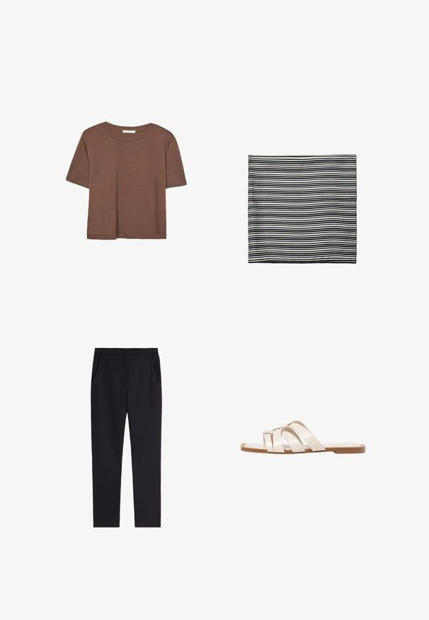 Brun kortärmad t-shirt i mjukt tyg, med rund halsringning och avslappnad passform. Inga synliga mönster eller detaljer.; Svarta byxor i mjukt tyg, med elastisk midja, sidfickor och en tapered design.; Platta sandaler med en brun gummisula, designade med tre överlappande vita läderspännen och en liten rosett i mitten.; Svart och vit randig scarf, tillverkad av lättviktsmaterial. Fyrkantig form med jämna, alternerande ränder av varierande bredd. Mjuk textur.; Mango Shoppingväska - dark brown
