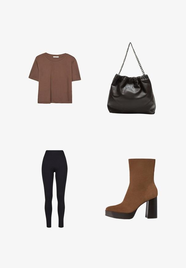 Maglietta a maniche corte marrone realizzata in tessuto morbido, con scollatura rotonda e vestibilità rilassata. Nessun motivo o dettaglio visibile.; Leggings neri a vita alta, realizzati in tessuto elasticizzato, con una texture liscia e un design aderente senza cuciture o fantasie visibili.; Stivale alla caviglia in suede marrone con punta arrotondata, tacco spesso a strisce nere e superficie liscia. Caratterizzato da un design aderente senza hardware visibile.; Borsa in pelle marrone con parte superiore arricciata e tracolla a catena. Texture liscia con finitura lucida e dettagli di cucitura sottili sui lati.
