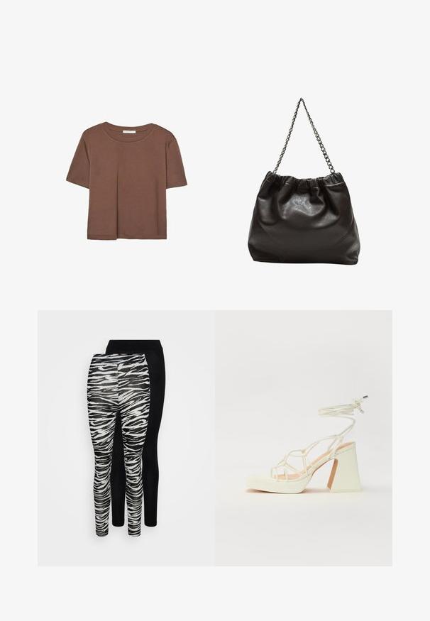Rjava kratka majica s kratkimi rokavi iz mehkega materiala, s krožnim izrezom in ohlapnim krojem. Brez vidnih vzorcev ali dodatkov.; Dva para leggingov: eni z vzorcem črno-belega zebra pruga in drugi v enotni črni barvi. Mehka, raztegljiva tkanina, prilegajoča zasnova.; Bela sandala na visokih petah s debelim petam, ki ima obliko trakcev in vezanje okoli gležnja. Gladka tekstura z platformo spredaj za dodatno višino.; Rjava usnjena torba z nabranim vrhom in verižnim trakom. Gladka tekstura z sijajno površino in subtilnimi šivi na straneh.