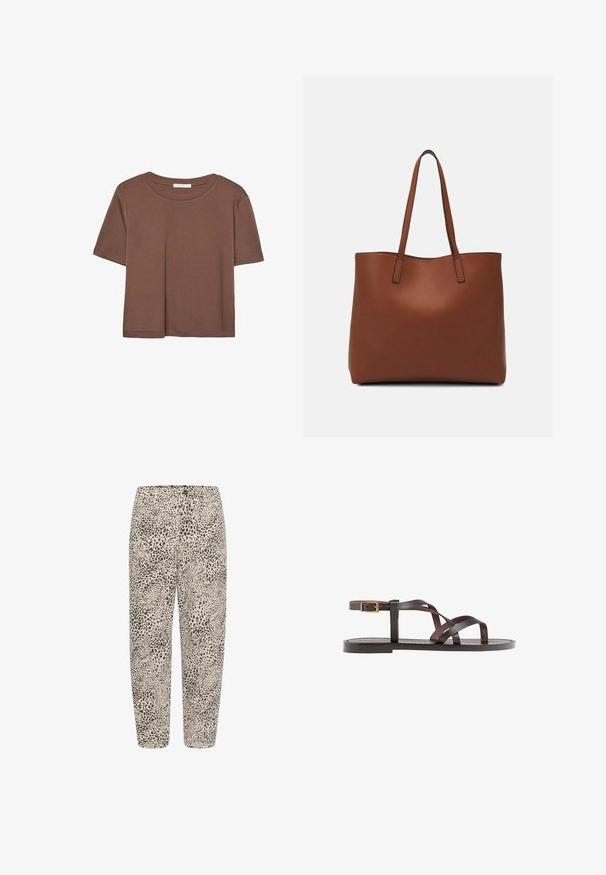 Maglietta a maniche corte marrone realizzata in tessuto morbido, con scollatura rotonda e vestibilità rilassata. Nessun motivo o dettaglio visibile.; Pantaloni con stampa leopardata su sfondo beige, dotati di vita elasticizzata, gamba dritta e una consistenza del tessuto morbida.; Sandal in pelle marrone con cinturini incrociati, chiusura con cinturino alla caviglia e suola piatta con dettagli di cucitura minimi.; Borsa tote in pelle marrone con texture liscia, design con apertura superiore e due spallacci. Presenta cuciture minime e nessun hardware visibile.