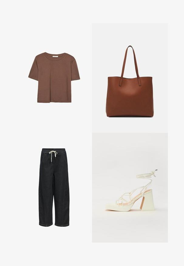 Hnědé tričko s krátkým rukávem vyrobené z měkké látky, s kulatým výstřihem a volným střihem. Bez viditelných vzorů nebo dekorací.; Object Džíny Relaxed Fit - dark blue denim; Bílé sandály na vysokém podpatku s robustním podpatkem, s designem s pásky a zavazováním kolem kotníku. Hladký povrch s platformou vpředu pro zvýšení výšky.; Hnědá kožená taška přes rameno s hladkou texturou, otevřeným designem a dvěma ramenními popruhy. Obsahuje minimální švy a žádné viditelné kovové prvky.