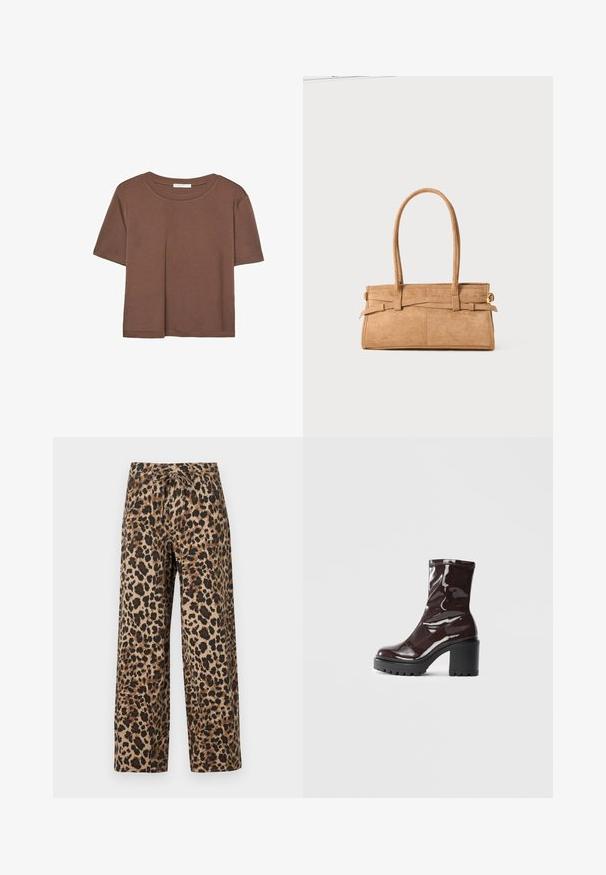 Brun kortärmad t-shirt i mjukt tyg, med rund halsringning och avslappnad passform. Inga synliga mönster eller detaljer.; Leopardmönstrade vida byxor i bruna och svarta toner, med dragsko i midjan och lätt, strukturerad tyg.; Glansig bordeauxfärgad ankelsko med en kraftig svart klack, som har en slät yta och enkel design. Inga synliga stängningar eller mönster.; Tan mockasinväska med två långa handtag, rektangulär form och dekorativ sömnad. Har en sidremsa och subtila detaljer i guldmetall.