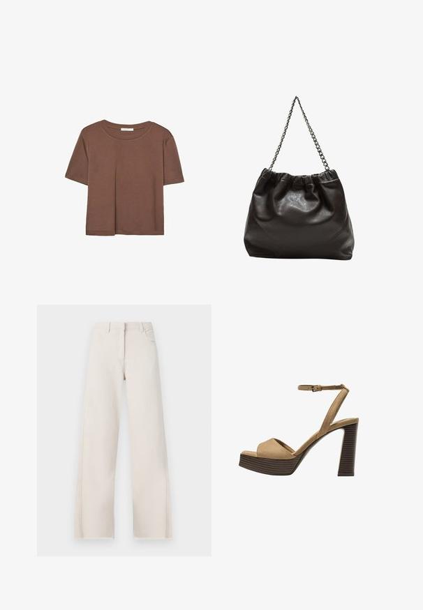 Hnedé tričko s krátkym rukávom vyrobené z jemného materiálu, s okrúhlym výstrihom a voľným strihom. Žiadne viditeľné vzory ani akcenty.; Krémové široké nohavice z bavlny s vysokým pásom, piatimi vreckami a detailmi s rozstrapkanými okrajmi. Hladká textura a neutrálna farba.; Bežové semišové sandále na vysokom opätku s širokým predným pásom a pásikom okolo členka, ktoré majú masívny drevený blokový opätok s textúrovaným povrchom.; Hnedá kožená taška so zberaným vrchom a reťazovým popruhom. Hladký povrch s lesklým finišom a jemným švom po stranách.