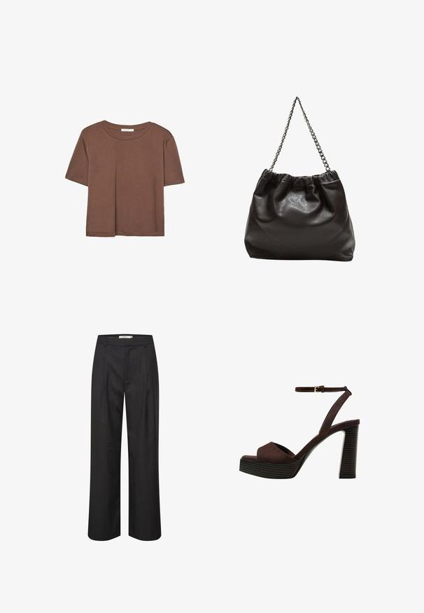 Rjava kratka majica s kratkimi rokavi iz mehkega materiala, s krožnim izrezom in ohlapnim krojem. Brez vidnih vzorcev ali dodatkov.; Črne hlače širokega kroja z gladko teksturo, nabranim sprednjim delom, zankami za pas in oblikovanim dizajnom. Material ponuja sijajen videz.; Rjave semiš sandale z visoko peto, odprto spredaj, z nastavljivim gležnjenjem in črtastim podplatom.; Rjava usnjena torba z nabranim vrhom in verižnim trakom. Gladka tekstura z sijajno površino in subtilnimi šivi na straneh.