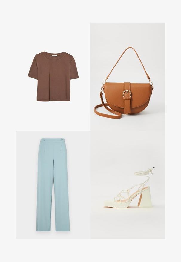 Hnědé tričko s krátkým rukávem vyrobené z měkké látky, s kulatým výstřihem a volným střihem. Bez viditelných vzorů nebo dekorací.; Světle modré kalhoty s módním střihem, zdobené záhyby a knoflíkovými detaily na pase. Vyrobené z hladkého, lehkého materiálu.; Bílé sandály na vysokém podpatku s robustním podpatkem, s designem s pásky a zavazováním kolem kotníku. Hladký povrch s platformou vpředu pro zvýšení výšky.; Hnědá kožená křížová taška s zakřiveným tvarem, zlatými detaily a akcentem s přezkou. Obsahuje odnímatelný popruh na rameno.