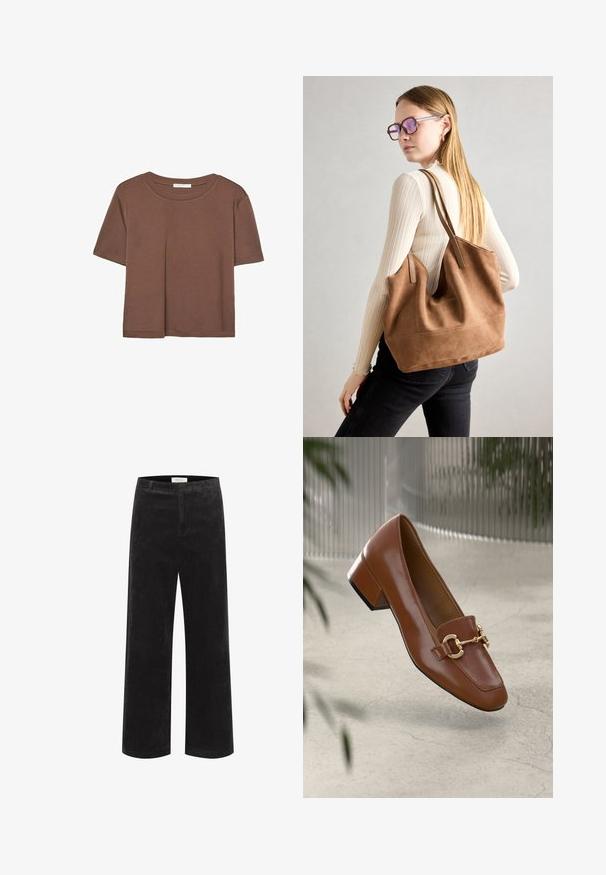 Hnedé tričko s krátkym rukávom vyrobené z jemného materiálu, s okrúhlym výstrihom a voľným strihom. Žiadne viditeľné vzory ani akcenty.; Čierne kordové nohavice s širokými nohavicami, vertikálnym ryhovaním, štruktúrovaným pásom a plochým predkom. Tkanina sa zdá byť jemná s jemným leskom.; Hnedé lakované kožené loafers s hranatou špičkou, kovovým reťazovým akcentom a nízkym blokovým podpätkom; hladká textúra, minimalistický dizajn.; Hnedá semišová taška na rameno s mäkkou textúrou, veľkým otvorom a dlhými popruhmi. Má jednoduchý dizajn s viditeľným šitím a bez kovových prvkov.