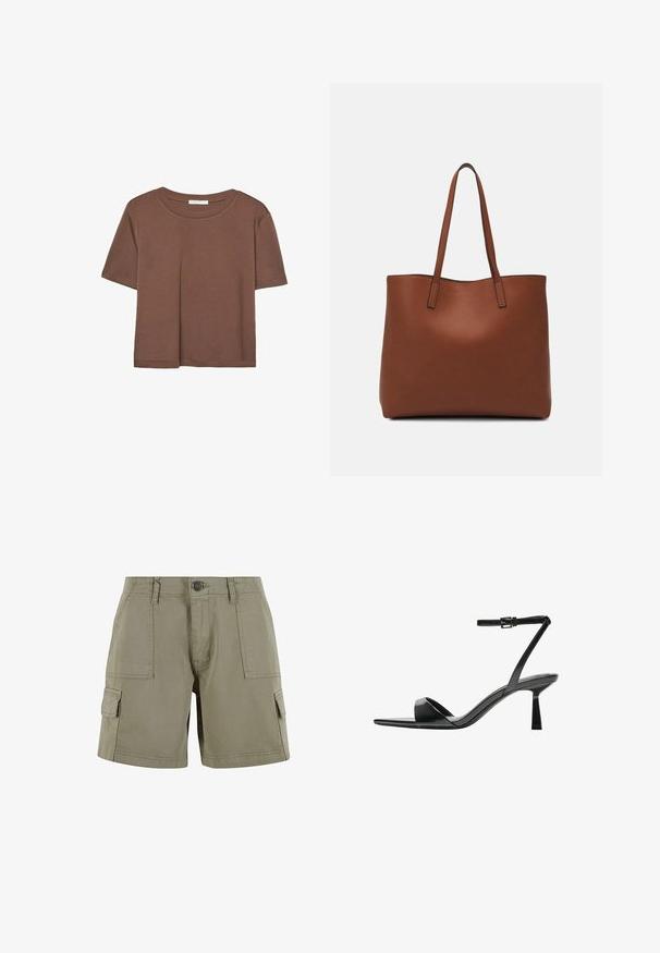 Smeđi kratki rukav majica od mekog materijala, s okruglim izrezom i opuštenim krojem. Nema vidljivih uzoraka ili naglasaka.; Khačani cargo šorc od laganog pamuka s dva bočna džepa, prednjim kopčanjem na dugme i ravnim krojem.; Bershka Sandale s visokom petom - black; Smeđa kožna torba preko ramena s glatkom teksturom, otvorenim vrhom i dvjema naramenicama. Ima minimalne šavove i nema vidljivog hardvera.